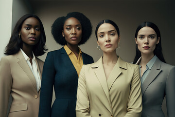 Diverse confident businesswomen standing together. Suit dress. Generative ai