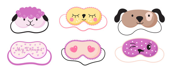 Cute masks for dreaming set vector. Rest relax accessories for night collection. Sleepy mask with eyes, animals face and smiles.