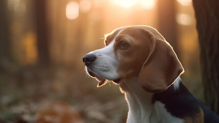 Beagle portrait on the background of a beautiful sunset