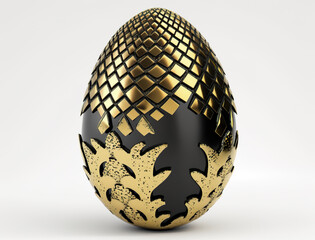 Black and golden fossilized dragon egg isolated on white background. Fantasy scale dinosaur egg. Beautiful dragon egg with golden. Realistic 3D illustration. Based on Generative AI