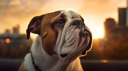 bulldog in the outdoors at sunset.