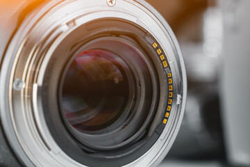 Camera lens, close-up from the back of the bayonet, with connection pins