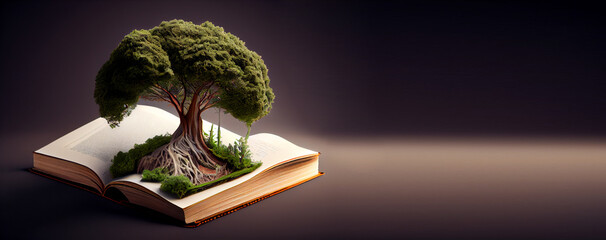 an open book with a tree growing out of it. Copy space black backgroundGenerative AI.