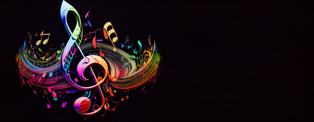 Music stave and treble clef colorful splash illustration on black background, horizontal banner with copy space. Generative AI