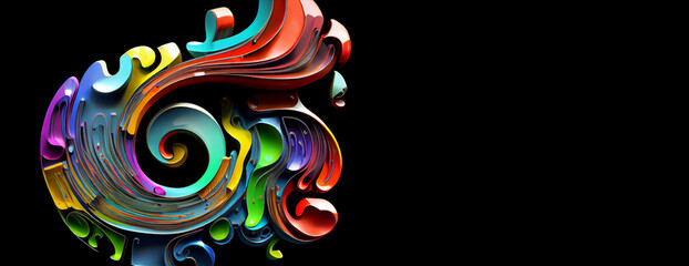 Music stave and treble clef colorful splash illustration on black background, horizontal banner with copy space. Generative AI