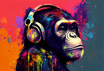 Portrait of a party monkey ape with headphones on a colorful abstract background, generative ai