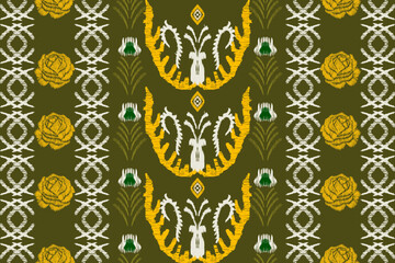 Seamless ikat repeats modern handmade batik design. On a green background, vintage style.