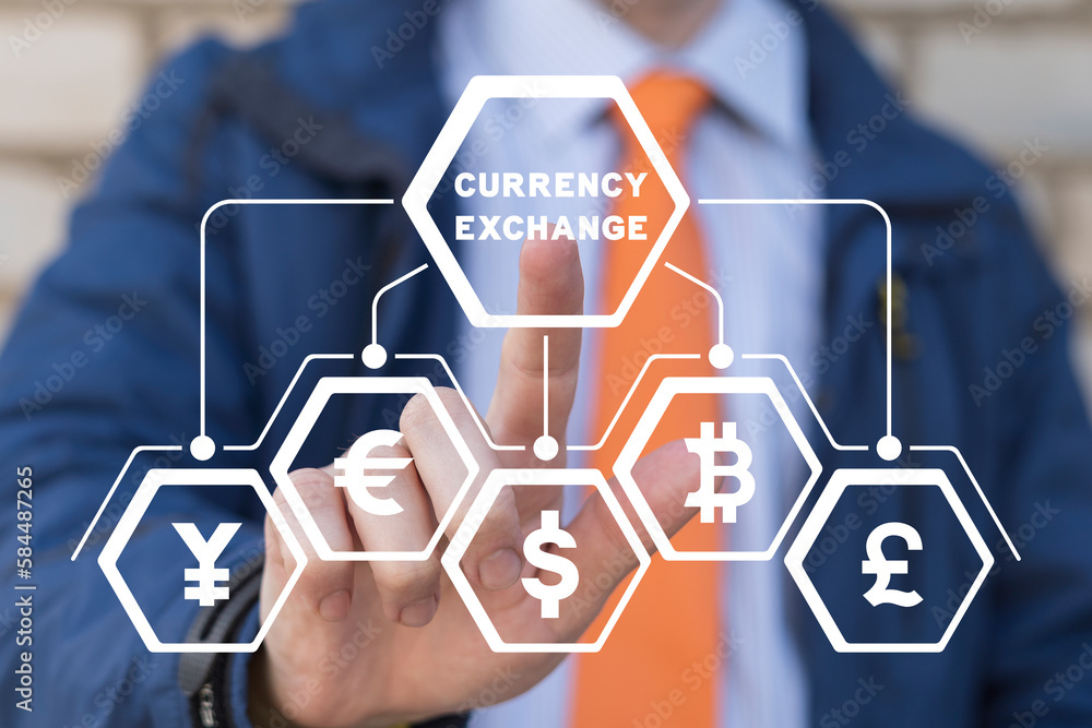 Poster trader using virtual touchscreen presses inscription: currency exchange. global currency exchange tr