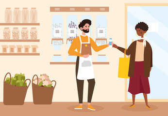 Buy organic food. Man holds out bottle to woman. Young guy in eco store, salesman and small business owner. Healthy lifestyle and eating, farmers local market. Cartoon flat vector illustration