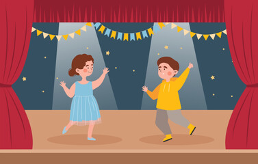 Children dancing on stage. Boy in yellow hoodie and girl in blue dress perform. Party and music. People at scene under spotlight. Kids performance. Cartoon flat vector illustration