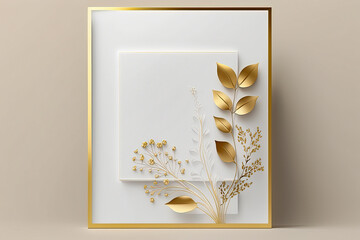 Blank greeting card template in gold and white color with beautiful flowers around space for text. Generative AI