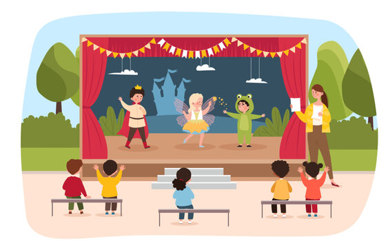 Children theater concept. Boy dressed as prince, fairy girl and schoolboy frog. Children on stage of theater show fairy tale, perform in front of schoolmates. Cartoon flat vector illustration