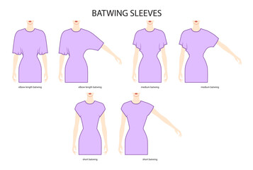 Set of Batwing sleeves clothes elbow, medium, short length technical fashion illustration with fitted body. Flat apparel template front side. Women, men unisex CAD mockup