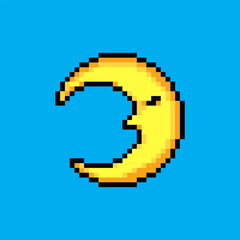 Moon pixel art icon. Yellow and grey pixelated Moon design for logo, web, mobile app, badges and patches.
Video game sprite. 8-bit. Isolated vector illustration.