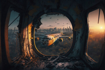 View from the pilot`s cabin of the crushed plane in Chernobyl
created using Al tools