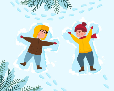 Kids makes snow angels. Boy and girl lie and move their hands, spend time together. Outdoor winter activities. Template for New Years Christmas card, invitation. Cartoon flat vector illustration