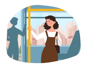 Sleeping in public transport. Woman stands and holds on to handrail in subway or bus. City infrastructure to travel and journey. Asleep napping passenger. Cartoon flat vector illustration