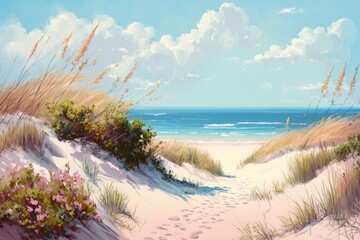 Illustration of a remote deserted beach. Ocean access. Dreamy romantic landscape in saturated pastel colours. AI generated image. 