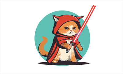 funny cartoon cat in the costume of the hero of the a fantastic film with sword vector illustration