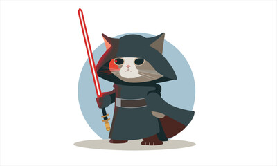 funny cartoon cat in the costume of the hero of the a fantastic film with sword vector illustration - 584489077