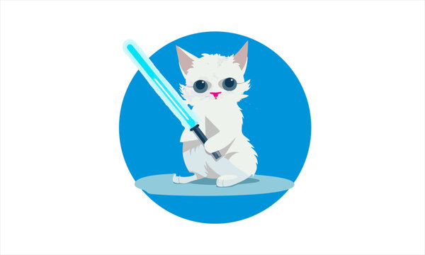 funny cartoon cat in the costume of the hero of the a fantastic film with sword vector illustration