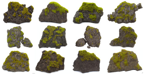 mossy stones, set of overgrown rocks isolated on white background, generative ai