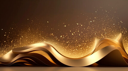 Wavy trendy gold abstract shapes with big glitter with shiny shaped big golden dust splash and gold boke background 3d render