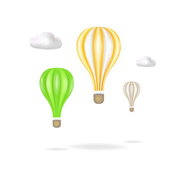 Balloons set. Three balloons in green, yellow and caramel. 3d vector render