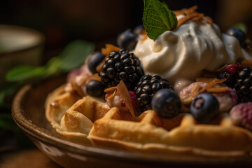 Close-up on belgian waffles with whipped cream and berries, AI generative