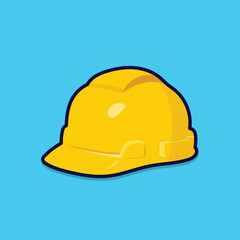 A yellow Construction helmet vector flat style illustration. Safety hard hat for labor. Plastic headwear icon on blue background. - obrazy, fototapety, plakaty