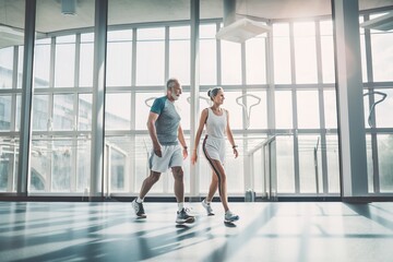 Fototapeta premium Middle-aged couple, male and female friends during gym workout, AI generative