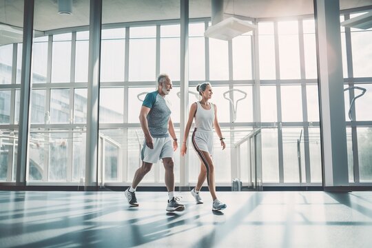 Middle-aged couple, male and female friends during gym workout, AI generative