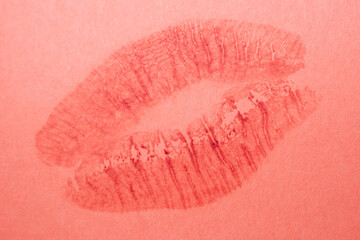 Photography of the imprint of red lipstick, kiss, beautiful red lips