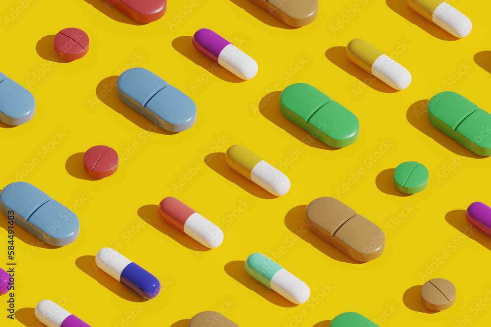 Poster multiple nutrients arranged on a yellow background, 3d rendering