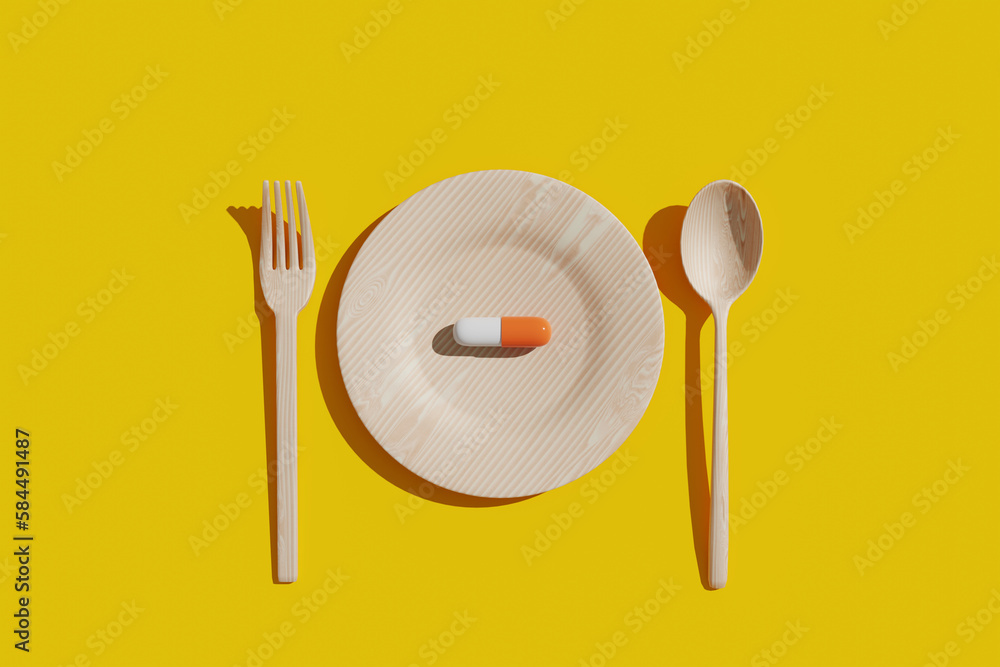 Poster a nutritional pill is placed on a plate with a fork and spoon on either side. 3d rendering