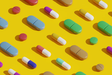 Multiple nutrients arranged on a yellow background, 3d rendering