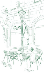 European hand drawn vector illustration. View of the old city and street cafes. Image of tables and a vintage street lamp, european cityscape. Leisure and travel. suitable for menu, banner, postcard,  © Anetty
