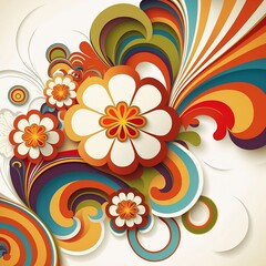 Fototapeta na wymiar Flowers and psychedelic patterns with a ‘70s retro style on white background