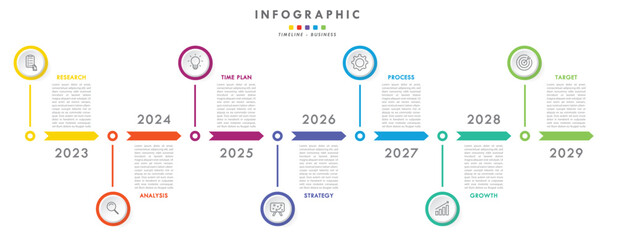 Timeline and project management month in a year business panoramical horizontal infographic. Modern Cclorful flat infographics design template. Simple vector illustration for business presentation.