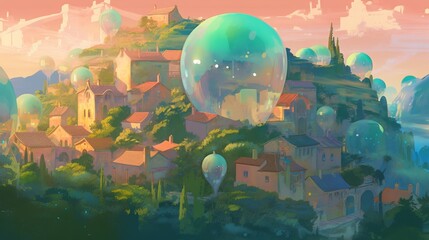 Obraz premium soap bubble iridescent waterfall rain over a town - Generative AI
