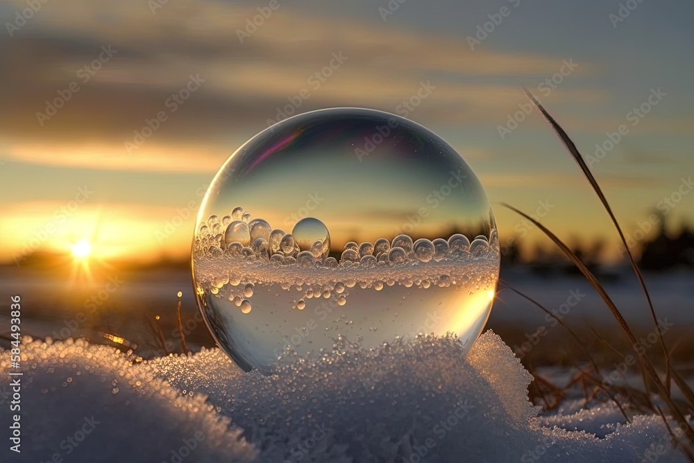Poster soap bubble with ice crystals created on it from frost as the sun goes down. generative ai