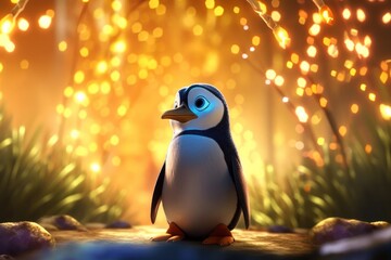 Penguin In A Marvelous Thicket At Sunset Generative AI