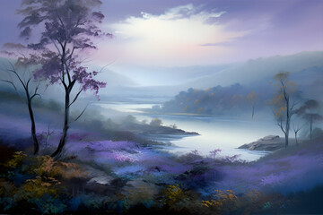 Misty Purple Landscape, River, Generative AI