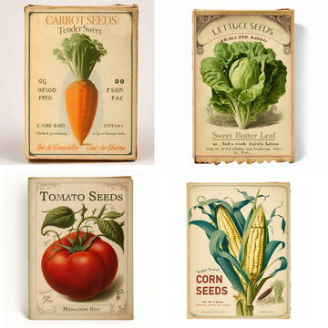 Vintage Corn, carrot, tomato, lettuce Seed Packets