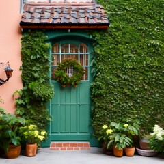 Fototapeta na wymiar A charming courtyard house with climbing ivy and a wooden door1, Generative AI