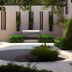 A sparsely furnished courtyard house with an empty fountain in the centre3, Generative AI