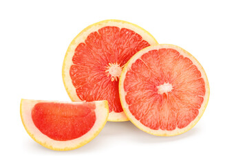 Slices of ripe grapefruit on white background
