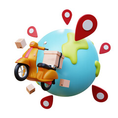 Online scooter delivery service global logistic, transportation worldwide freight. Concept for Shopping online and delivery service on mobile application. 3d rendering