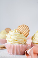 Pink cupcakes with tall american buttercream swirl and cookie garnish, cupcakes in pink liners with a tall vanilla buttercream and a cookie, birthday cupcakes on a white background