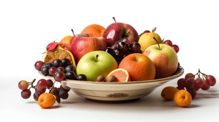 Composition with fresh fruits in a plate isolated on white background. Health food. Created using Generative AI technology.
